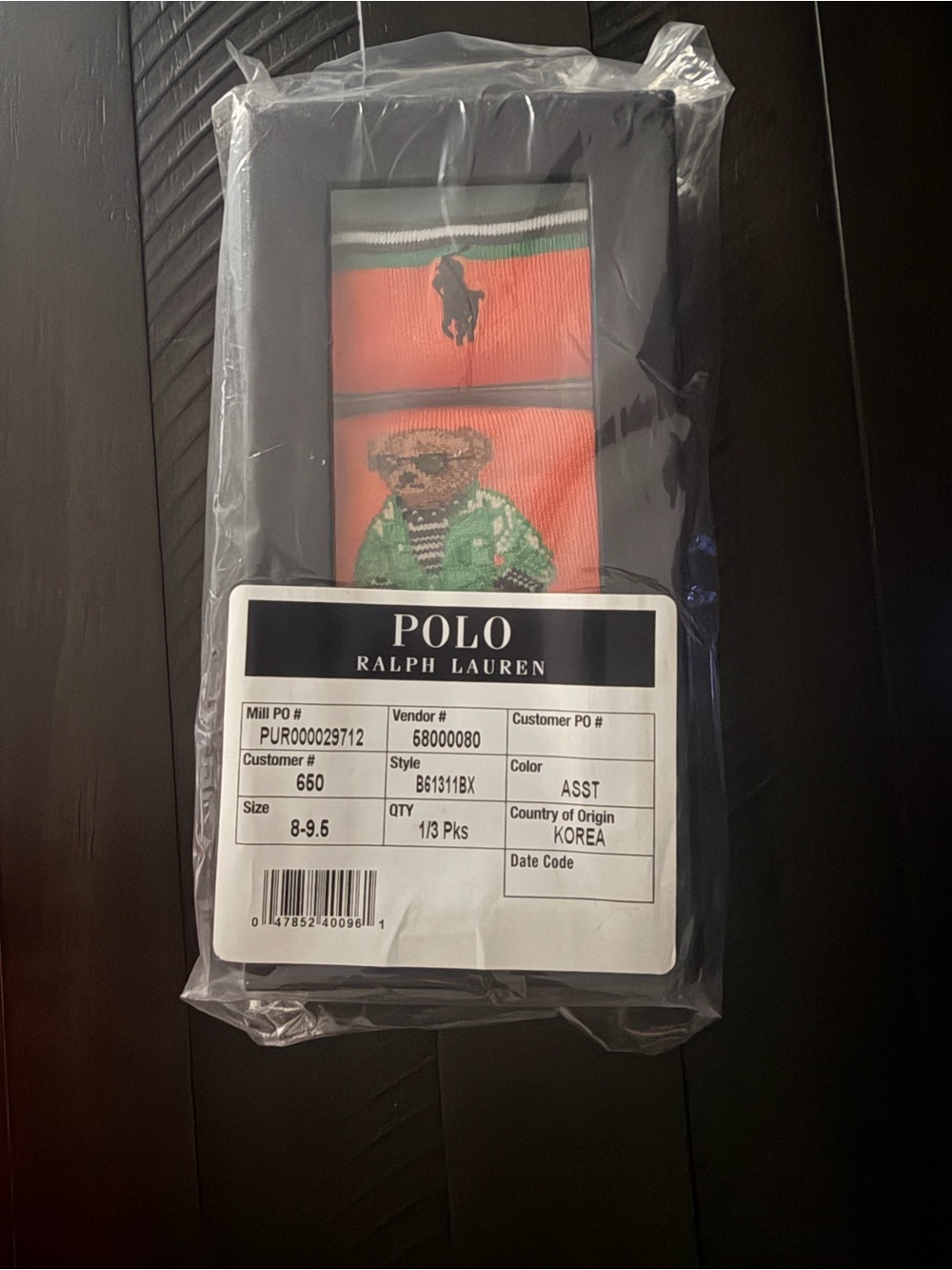 Polo by Ralph Lauren Orange Socks with Green Bear Motif